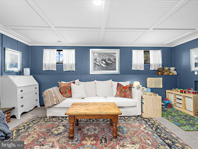 285 Laguna Cir, Severna Park, MD 21146 - living room with light carpet and a wooden ceiling with exposed beams