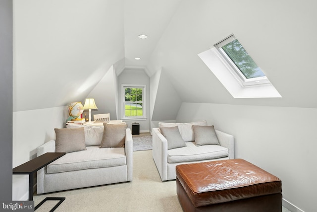 2109 Main St, Bethlehem, PA 18017 - living area featuring a skylight, vaulted ceiling, carpet, and recessed lighting