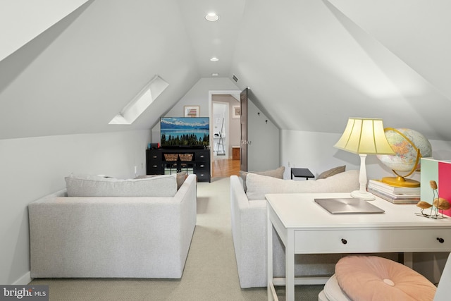2109 Main St, Bethlehem, PA 18017 - living room featuring lofted ceiling, a skylight, carpet flooring, and recessed lighting