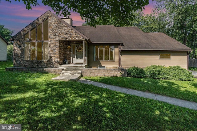 21 Black Bass, Fairfield, PA 17320 - english style home with a front yard, stone siding, a chimney, and a shingled roof