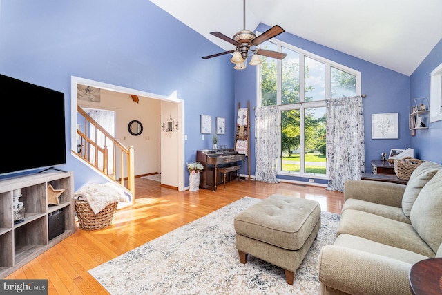 21 Black Bass, Fairfield, PA 17320 - living room with high vaulted ceiling, stairway, ceiling fan, and wood finished floors