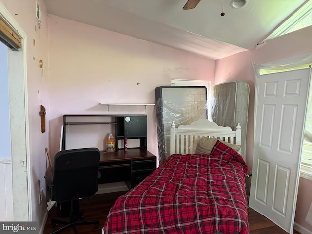 4 Brook Ramble Ln, Townsend, DE 19734 - bedroom featuring vaulted ceiling, wood finished floors, a desk, and ceiling fan