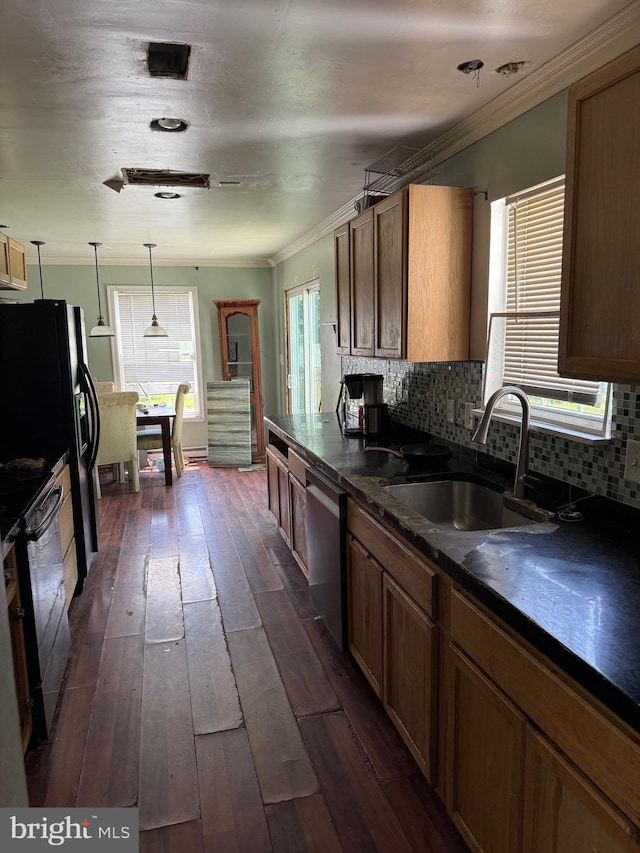 4 Brook Ramble Ln, Townsend, DE 19734 - kitchen featuring stainless steel dishwasher, dark countertops, electric range oven, crown molding, and backsplash