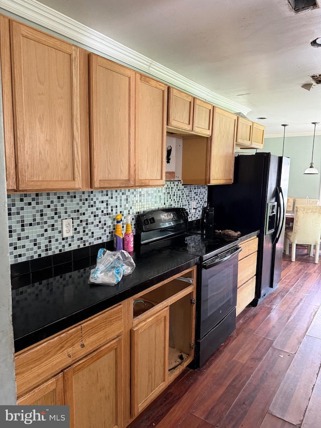 4 Brook Ramble Ln, Townsend, DE 19734 - kitchen with black appliances, ornamental molding, dark countertops, dark wood-type flooring, and decorative backsplash