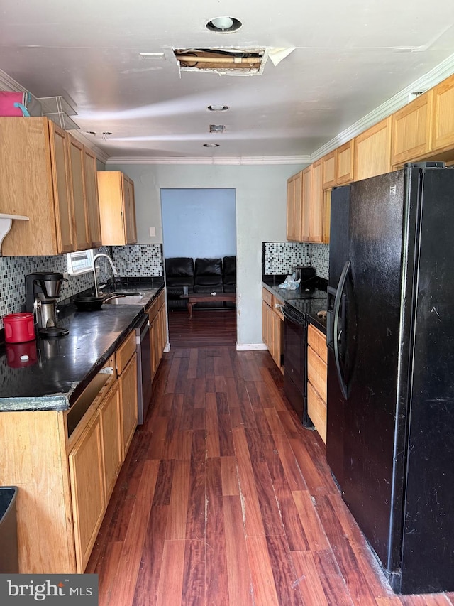 4 Brook Ramble Ln, Townsend, DE 19734 - kitchen with black appliances, dark countertops, dark wood-type flooring, backsplash, and light brown cabinets
