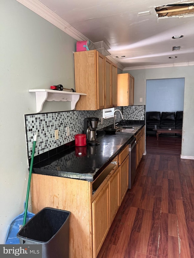 4 Brook Ramble Ln, Townsend, DE 19734 - kitchen with crown molding, tasteful backsplash, dark wood-type flooring, dark countertops, and open shelves