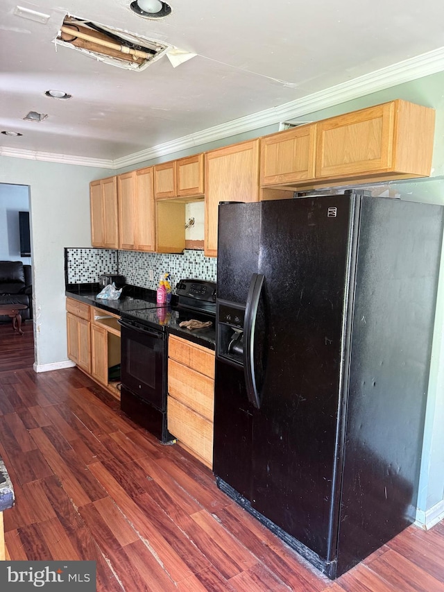 4 Brook Ramble Ln, Townsend, DE 19734 - kitchen featuring black appliances, ornamental molding, light brown cabinetry, and dark countertops
