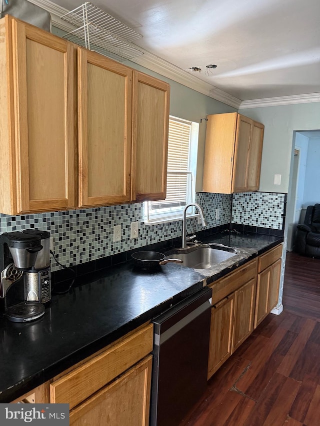 4 Brook Ramble Ln, Townsend, DE 19734 - kitchen with dishwashing machine, dark countertops, dark wood finished floors, backsplash, and ornamental molding