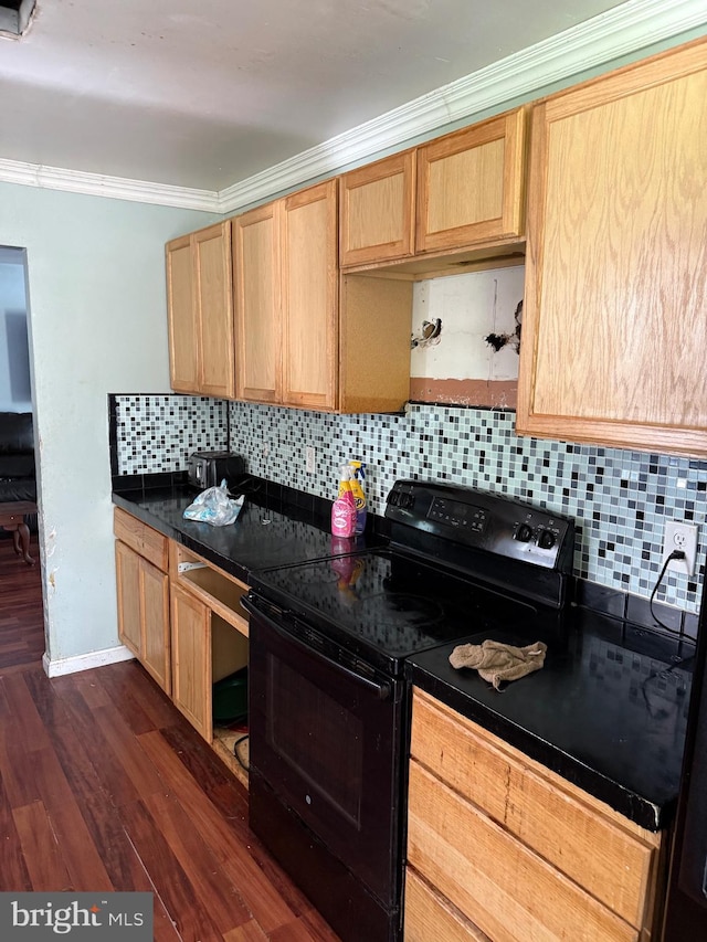 4 Brook Ramble Ln, Townsend, DE 19734 - kitchen with black electric range oven, ornamental molding, dark countertops, dark wood-style flooring, and tasteful backsplash