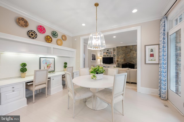 2950 Chain Bridge Rd NW, Washington, DC 20016 - dining space with crown molding, built in study area, recessed lighting, and a chandelier