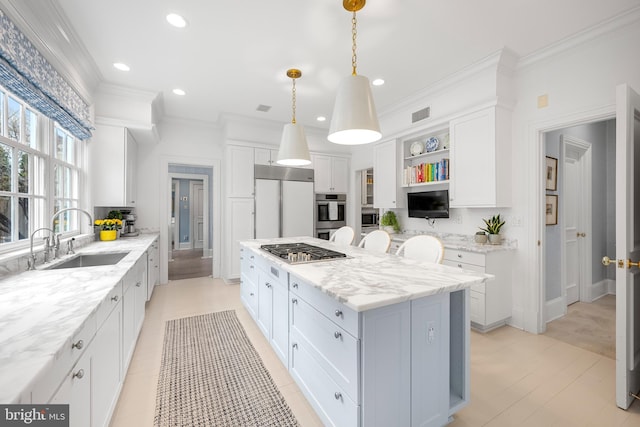 2950 Chain Bridge Rd NW, Washington, DC 20016 - kitchen with stainless steel appliances, a center island, open shelves, white cabinetry, and light stone countertops