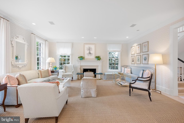 2950 Chain Bridge Rd NW, Washington, DC 20016 - living area with ornamental molding, wallpapered walls, a fireplace, and stairs