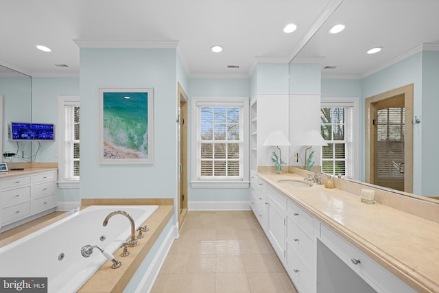 2950 Chain Bridge Rd NW, Washington, DC 20016 - bathroom featuring vanity, a jetted tub, ornamental molding, a shower stall, and recessed lighting