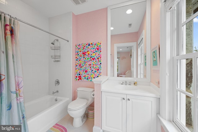 2950 Chain Bridge Rd NW, Washington, DC 20016 - bathroom with shower / bath combo with shower curtain, vanity, and tile patterned floors
