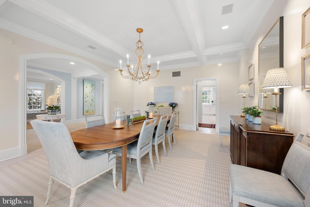 2950 Chain Bridge Rd NW, Washington, DC 20016 - dining area featuring crown molding, a chandelier, beam ceiling, recessed lighting, and arched walkways