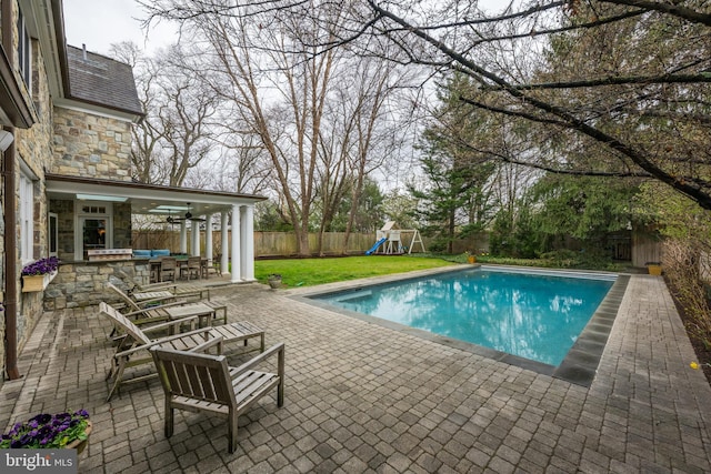 2950 Chain Bridge Rd NW, Washington, DC 20016 - view of pool with a fenced backyard, a patio, a playground, and ceiling fan