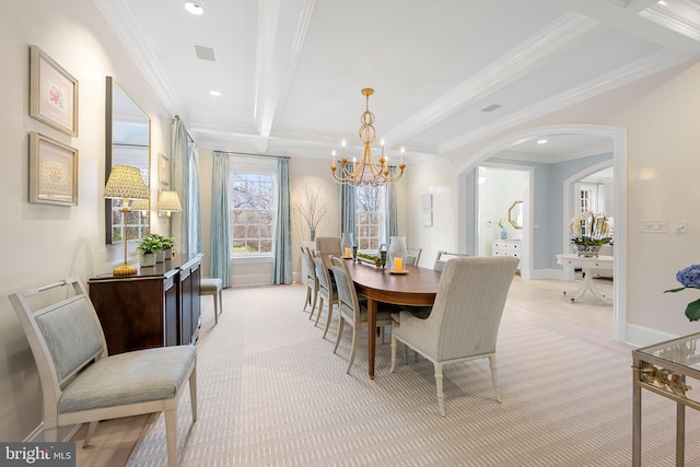 2950 Chain Bridge Rd NW, Washington, DC 20016 - dining room with light colored carpet, a chandelier, crown molding, arched walkways, and beamed ceiling