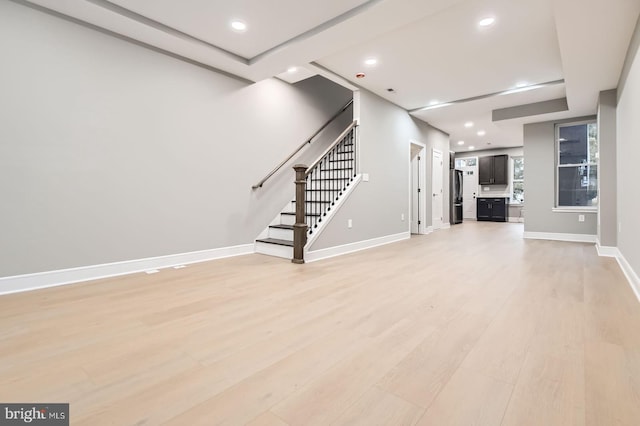 3621 Chestnut Ave, Baltimore, MD 21211 - unfurnished living room with light wood-type flooring, stairway, and recessed lighting