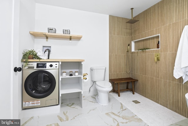 341 Ashford Dr, Lancaster, PA 17601 - bathroom featuring washer / clothes dryer, tiled shower, and marble finish floors