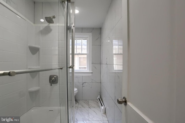 1339 W Spruce St, Coal Township, PA 17866 - bathroom featuring baseboard heating, marble look tiles, a shower, and tile walls