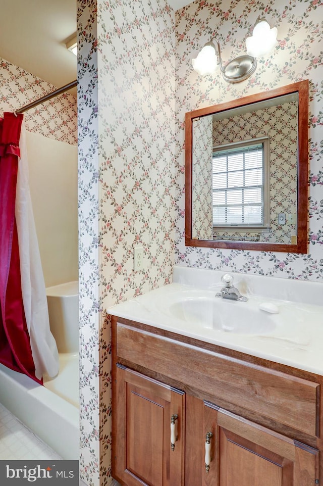 7 Kurtz Dr, Lititz, PA 17543 - full bathroom featuring vanity, wallpapered walls, and shower / bath combo