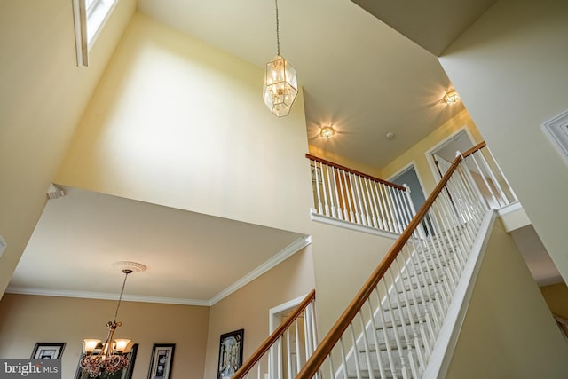 14 Burk Rd, Cochranville, PA 19330 - stairs with a chandelier, a towering ceiling, and ornamental molding