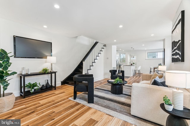 3827 Marshall Rd, Drexel Hill, PA 19026 - living area with stairway, wood finished floors, and recessed lighting