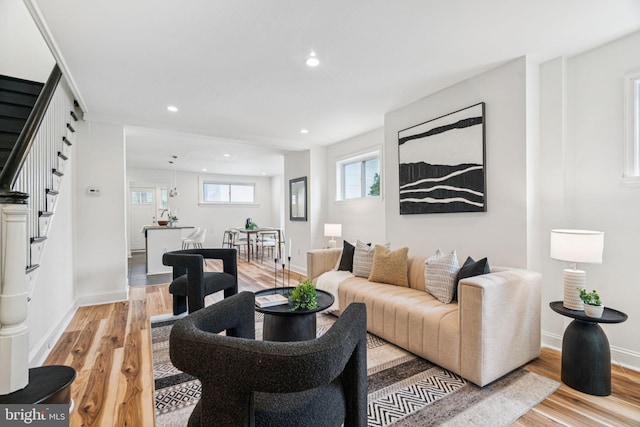 3827 Marshall Rd, Drexel Hill, PA 19026 - living area featuring stairway, light wood-style floors, and recessed lighting