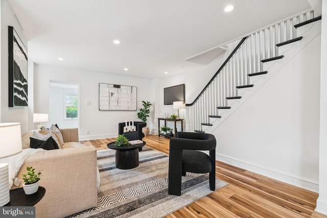 3827 Marshall Rd, Drexel Hill, PA 19026 - living area with stairs, wood finished floors, and recessed lighting