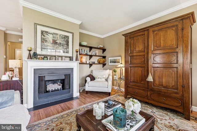 45050 Brae Ter Unit 101, Ashburn, VA 20147 - living area with wood finished floors, crown molding, and a fireplace with flush hearth