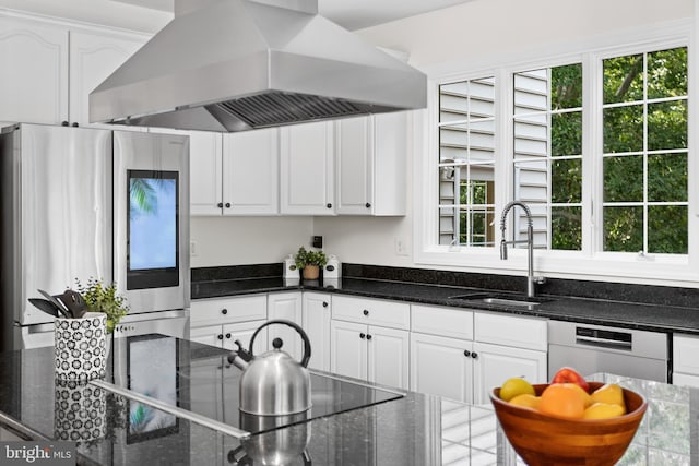 7 Shady Brook Ln, Cranbury, NJ 08512 - kitchen with stainless steel appliances, island exhaust hood, white cabinets, and dark stone counters