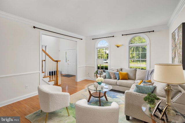 7 Shady Brook Ln, Cranbury, NJ 08512 - living area with crown molding, wood finished floors, and stairs