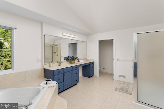 7 Shady Brook Ln, Cranbury, NJ 08512 - full bathroom with vanity, a stall shower, a garden tub, vaulted ceiling, and tile patterned floors