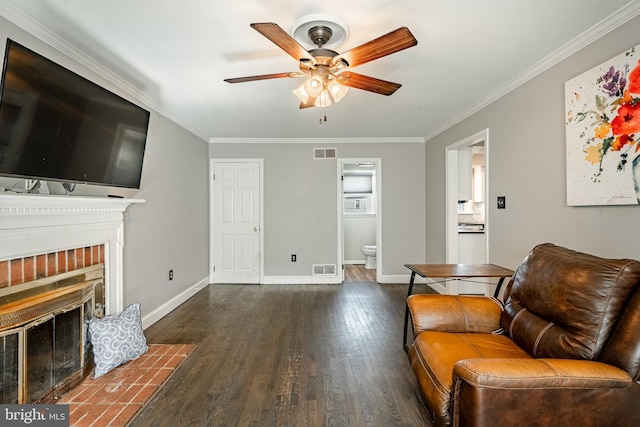 2107 Carol Ln, East Norriton, PA 19401 - sitting room with a ceiling fan, a fireplace, wood finished floors, ornamental molding, and cooling unit