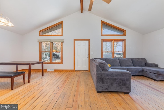 1702 Willow Brook Rd, Bumpass, VA 23024 - living area with a ceiling fan, light wood finished floors, beamed ceiling, and high vaulted ceiling