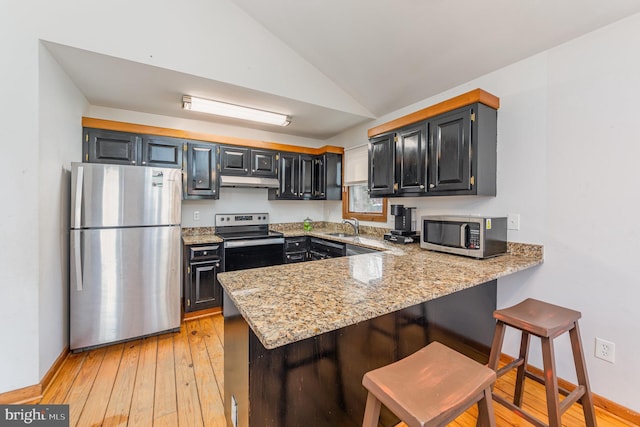 1702 Willow Brook Rd, Bumpass, VA 23024 - kitchen featuring appliances with stainless steel finishes, a peninsula, vaulted ceiling, under cabinet range hood, and light stone counters