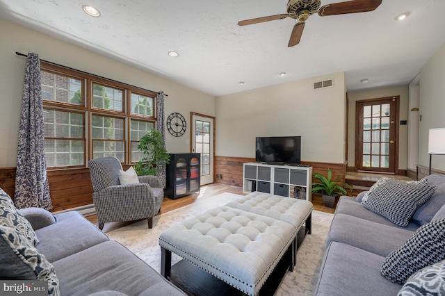416 Copley Rd, Haddonfield, NJ 08033 - living area with a wainscoted wall, recessed lighting, ceiling fan, wooden walls, and light wood-style flooring