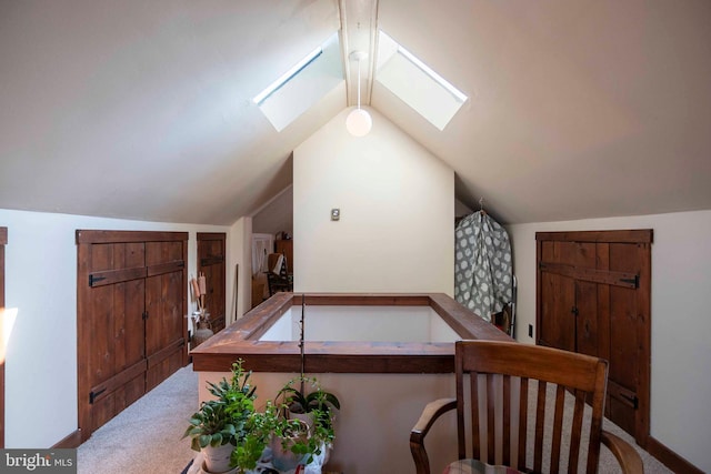 1119 Summit Ave, Front Royal, VA 22630 - staircase with carpet floors, a skylight, and vaulted ceiling