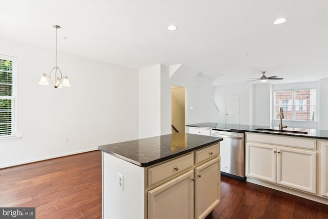 12814 Sutherby Ln, Germantown, MD 20874 - kitchen featuring stainless steel dishwasher, plenty of natural light, a center island, a ceiling fan, and recessed lighting