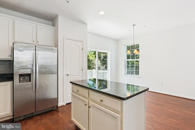 12814 Sutherby Ln, Germantown, MD 20874 - kitchen featuring stainless steel refrigerator with ice dispenser, dark wood-type flooring, recessed lighting, decorative backsplash, and hanging light fixtures