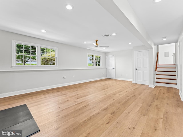 357 Avis Mill Rd, Pilesgrove, NJ 08098 - unfurnished living room with light wood-style floors, stairs, recessed lighting, and a ceiling fan