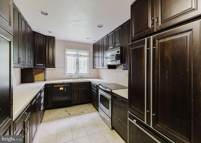 23 Nelson Ridge Rd, Princeton, NJ 08540 - kitchen featuring appliances with stainless steel finishes, light countertops, light tile patterned floors, recessed lighting, and dark brown cabinets