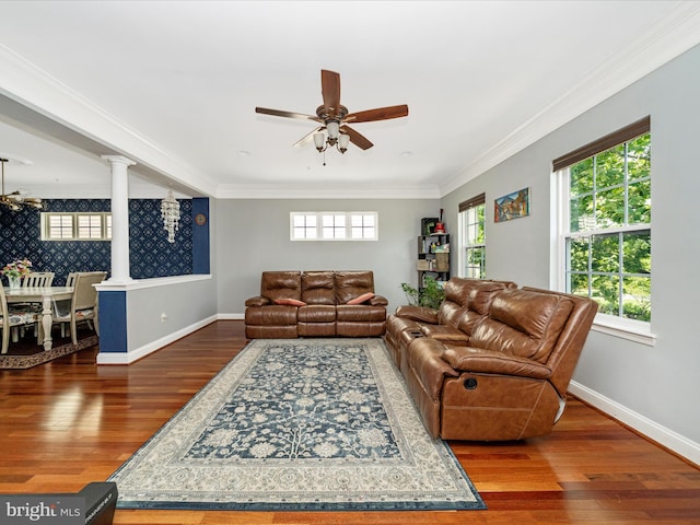 12404 Carriage Park Pl, Clarksburg, MD 20871 - living room featuring wood finished floors, a ceiling fan, and ornamental molding