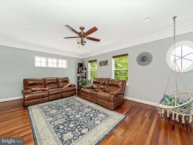 12404 Carriage Park Pl, Clarksburg, MD 20871 - living room with a ceiling fan, wood finished floors, and ornamental molding