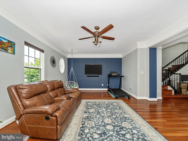12404 Carriage Park Pl, Clarksburg, MD 20871 - living room featuring wood finished floors, ceiling fan, ornamental molding, and stairs