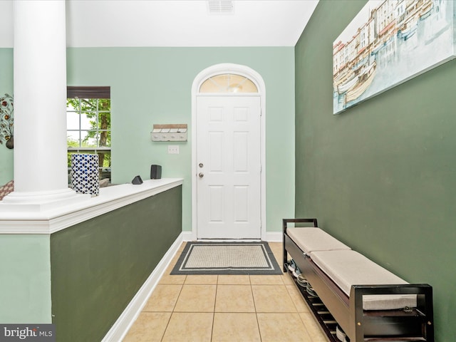 12404 Carriage Park Pl, Clarksburg, MD 20871 - tiled foyer entrance featuring baseboards and ornate columns