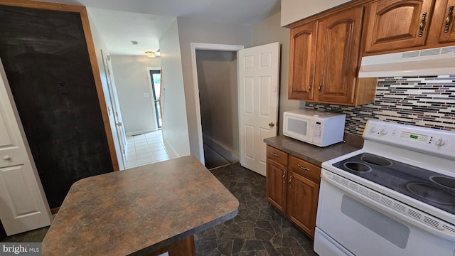 1055 View St, Hagerstown, MD 21742 - kitchen with white appliances, under cabinet range hood, decorative backsplash, dark countertops, and brown cabinetry