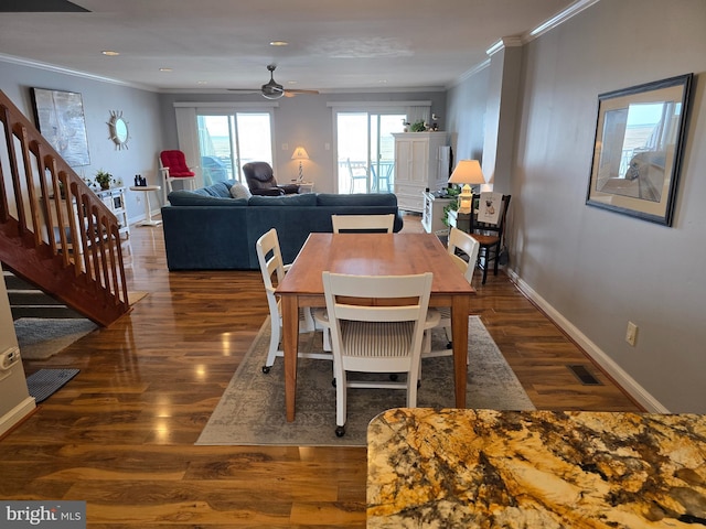 3923 Atlantic Brigantine Blvd Unit B, Brigantine, NJ 08203 - dining area with ornamental molding, wood finished floors, stairs, a ceiling fan, and recessed lighting