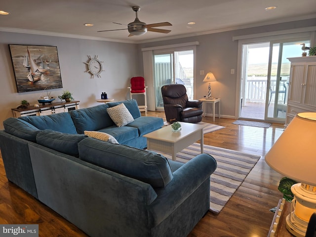 3923 Atlantic Brigantine Blvd Unit B, Brigantine, NJ 08203 - living room featuring plenty of natural light, recessed lighting, ceiling fan, ornamental molding, and wood finished floors
