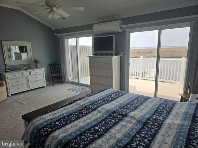 3923 Atlantic Brigantine Blvd Unit B, Brigantine, NJ 08203 - carpeted bedroom with an AC wall unit, access to outside, crown molding, lofted ceiling, and ceiling fan